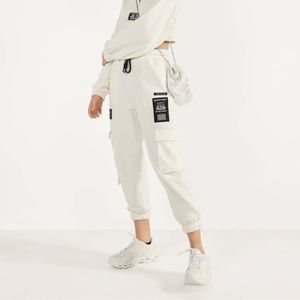 Bershka Cream Plush Cargo Sweatpants